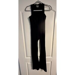 OQQ Jumpsuit Small Black Ribbed Flare Leg Sleeveless Square Neck Bodycon